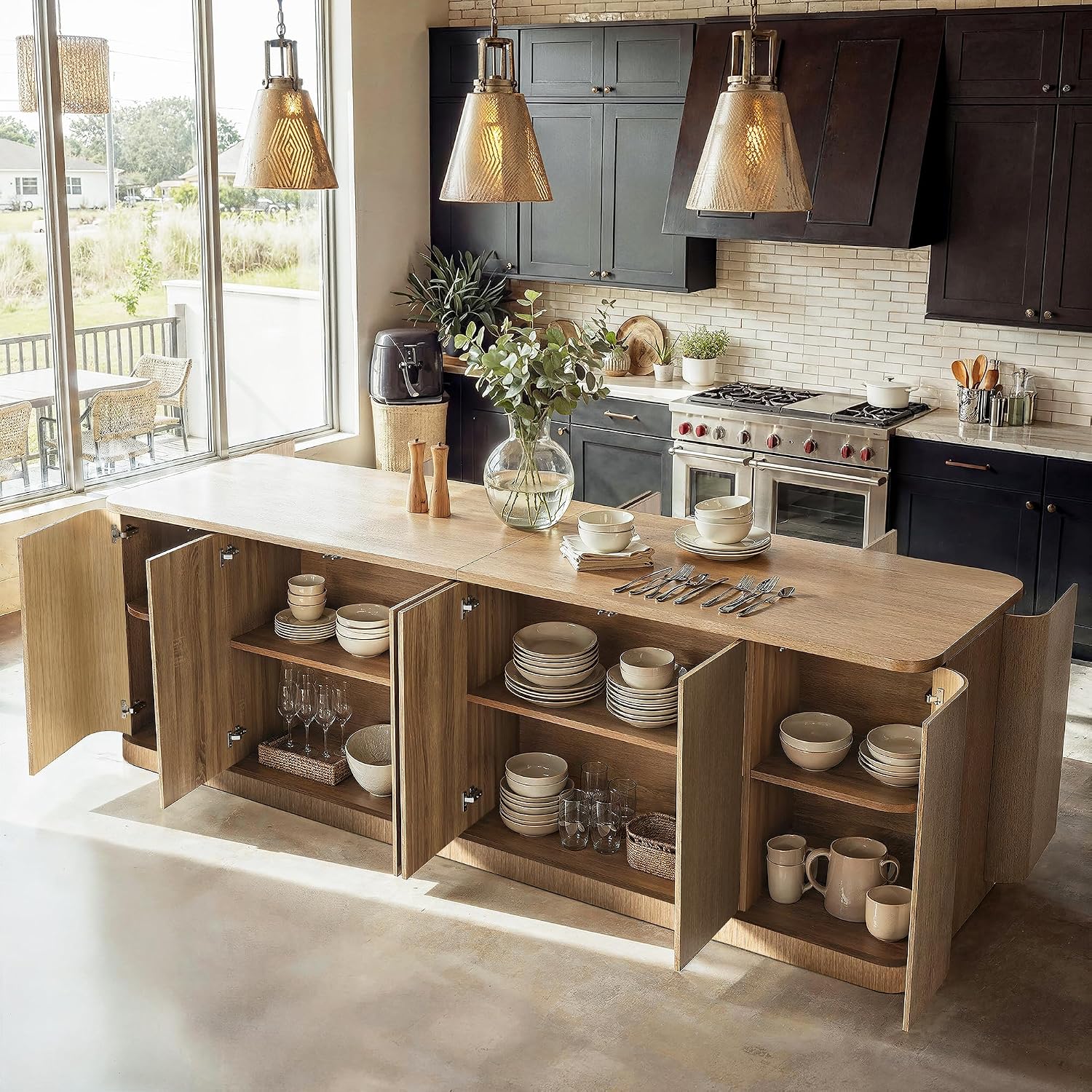 Homsee 110-Inch Large Kitchen Island with Seating & Storage, 8-Door Wood Island Prep Table in Oak Veneer, Curved Design Stationary Kitchen Islands w/Storage Shelves for Dining, Wood Grain