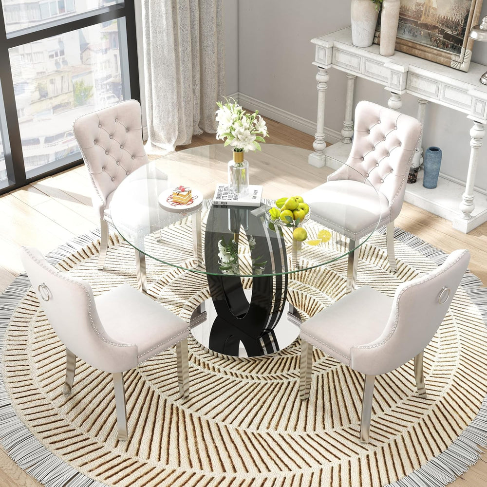 RGZ 5 PCS Luxury Clear Glass Round Dining Table Set, 47'' Modern Circ...