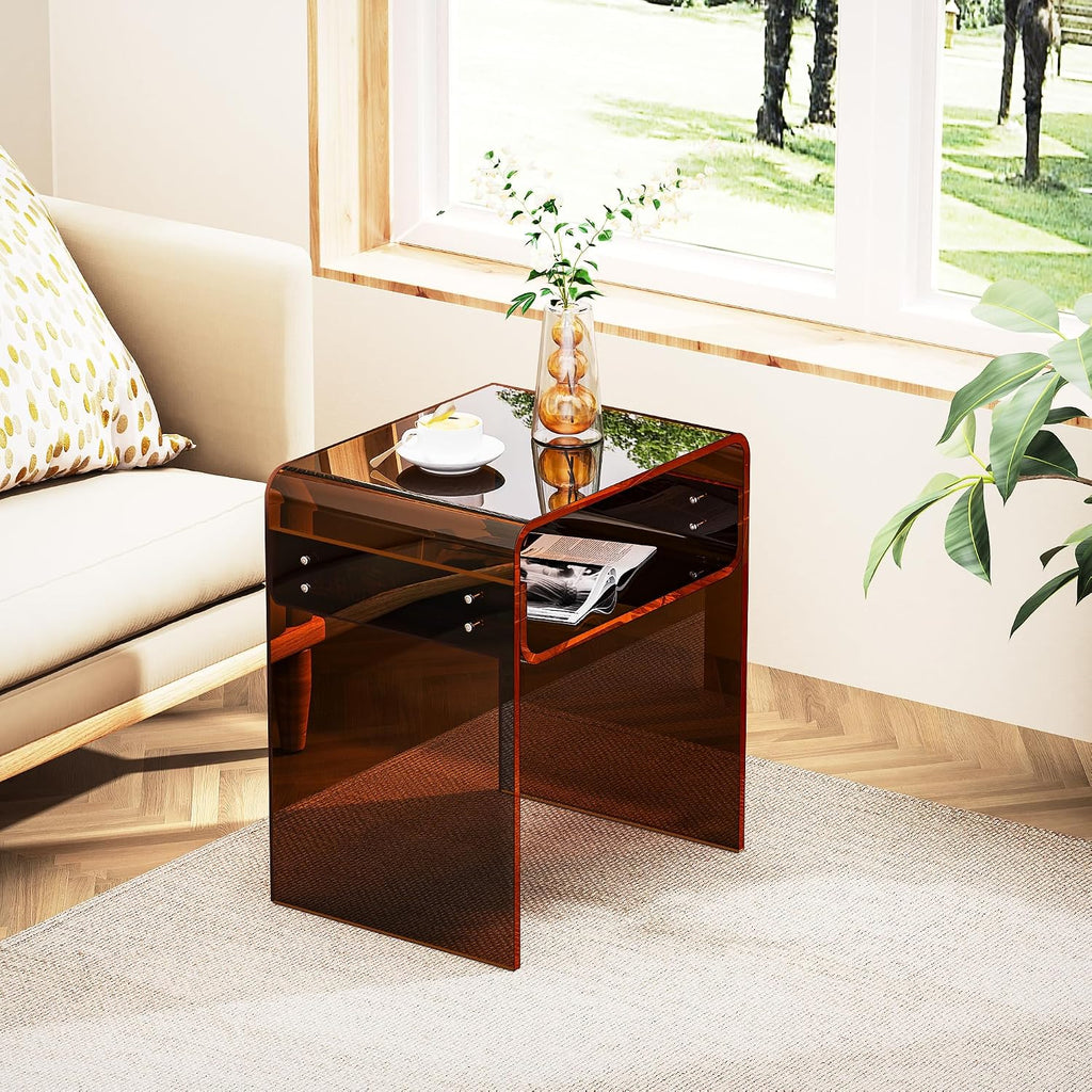 Clear Acrylic End Table 2-Tier Bedside Nightstand for Living Room Bedroom (1, Dark Brown)