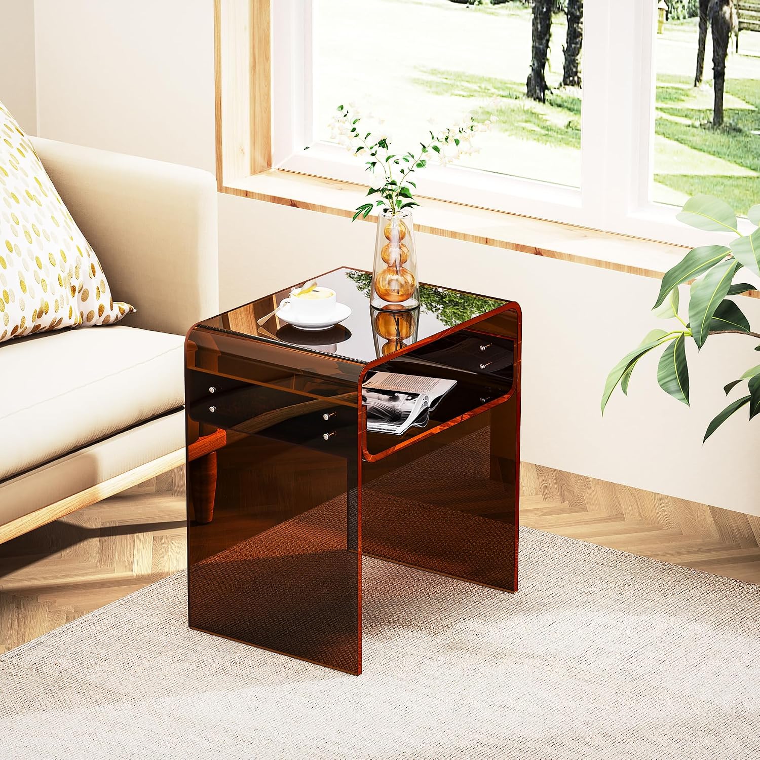 Clear Acrylic End Table 2-Tier Bedside Nightstand for Living Room Bedroom (1, Dark Brown)