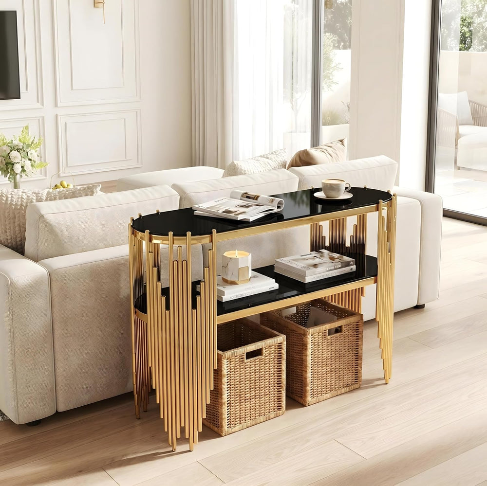 Modern Gold Glass Console Table with 2-Tier Shelves, Luxury Oval Entryway Tab...