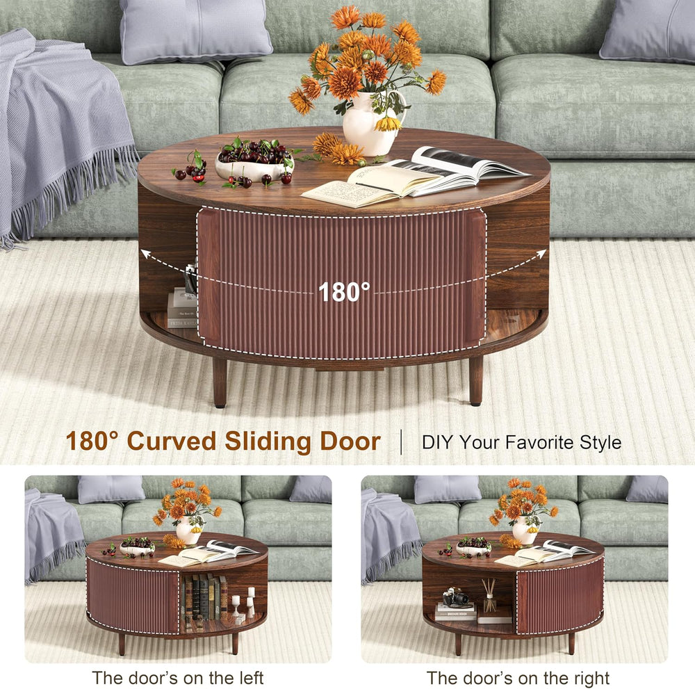 Round Coffee Table, 31.5" Fluted Center Table with Storage, Lift-Top Cof...