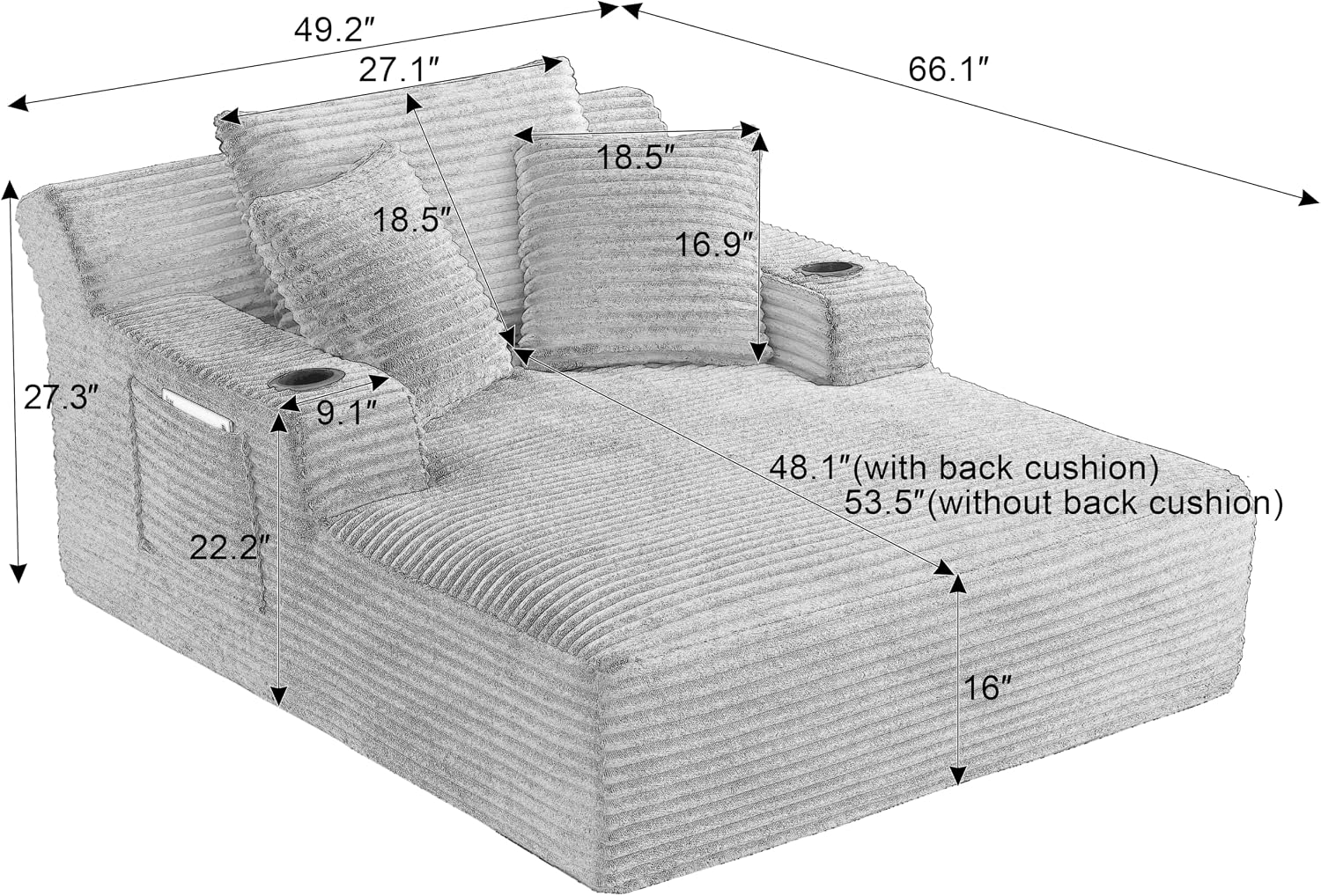Oversized Corduroy Chaise Lounge Chair Boneless Sofa Bed, Deep Seat Floor Lounger Recliner Cloud Couch with Cup Holder & Storage Pocket for Living Room, Bedroom, Apartment