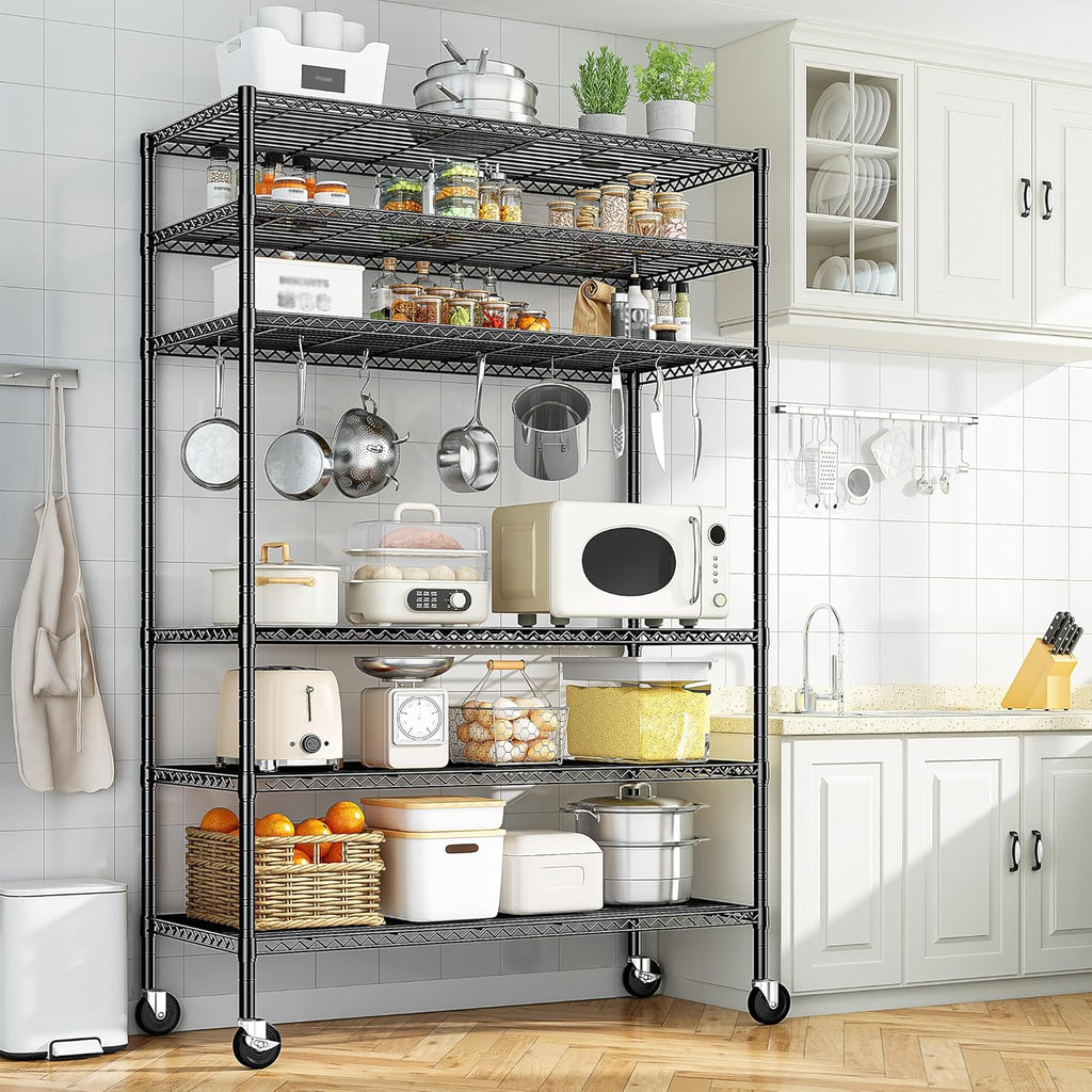 82" H X45 W X18 D Storage Shelves with Wheels, 6 Tier Wire Shelving Adjustable Metal Shelving Pantry Shelves Capacity 1200LBS for Garage Shelving, Pantry, Kitchen, Closet, Black,2P