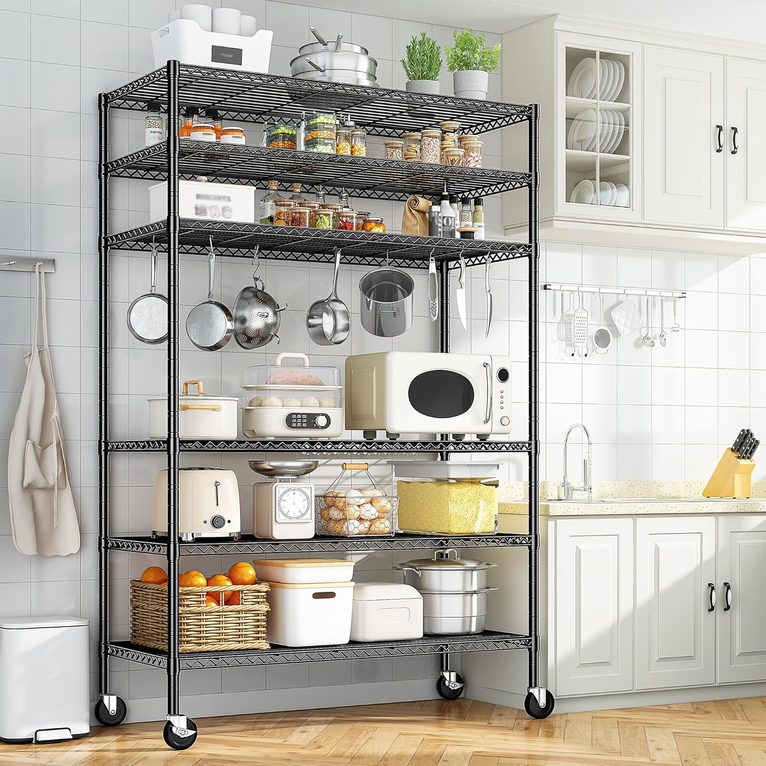 82" H X45 W X18 D Storage Shelves with Wheels, 6 Tier Wire Shelving Adjustable Metal Shelving Pantry Shelves Capacity 1200LBS for Garage Shelving, Pantry, Kitchen, Closet, Black,2P