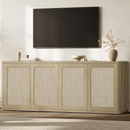 SICOTAS Rattan TV Stand for 65 70 inch TV - Large Entertainment Center TV Consoles for Living Room Bedroom, Farmhouse Television Stands with Storage Cabinet Boho Modular Media Console, Sand Oak
