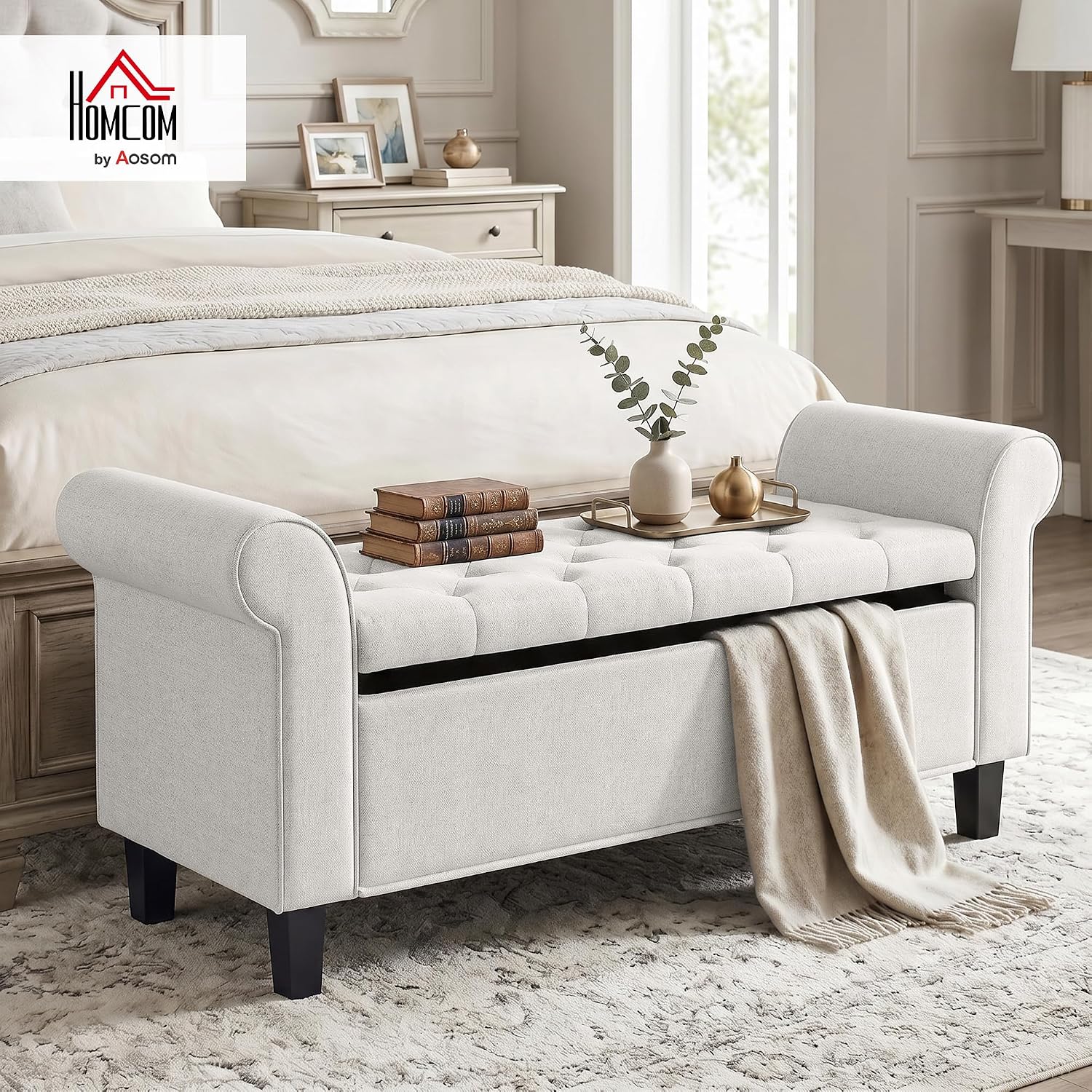 HOMCOM 47" Storage Ottoman End of Bed Bench with Rolled Arms Cream White | Long Ottoman with Storage Chest, Safety Hinge, Wooden Legs, Upholstered End of Bed Bench, Bedroom Entryway Living Room