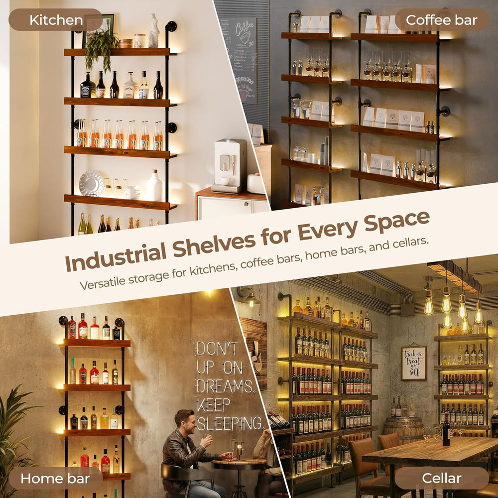 Industrial Bar Shelves, Wine Rack Wall Mounted, Walnut, 24 Inch | solid pinew...