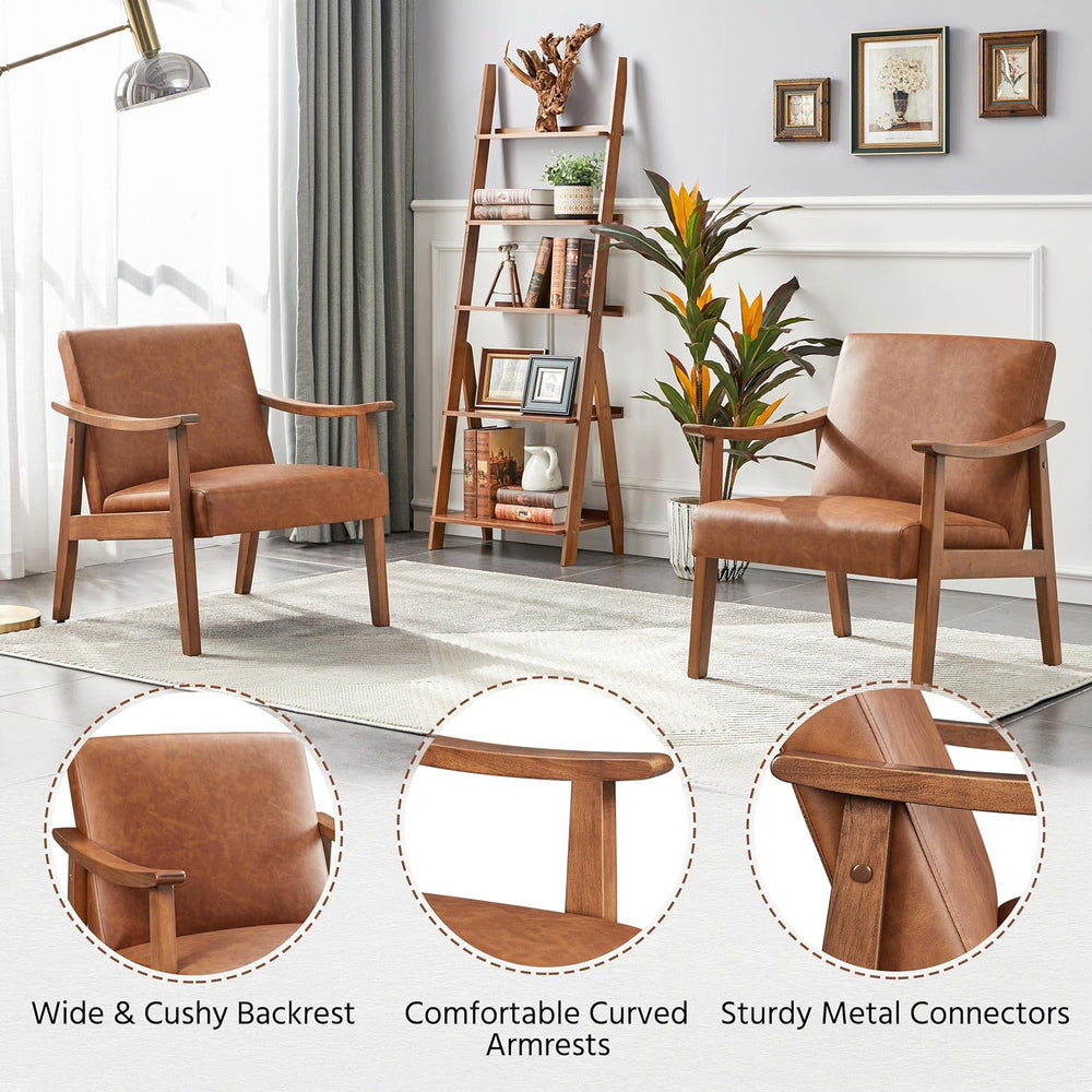 Yaheetech Accent Chairs, Mid-Century Faux Leather Armchairs, Light Brown
