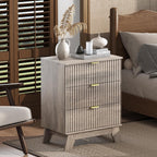 Night Stand Set 2, Bedside Table & End Table, Mid Century Modern Fluted Wood Nightstand with 3 Drawers & Metal Handles, Farmhouse Nightstand for Bedroom, Grey