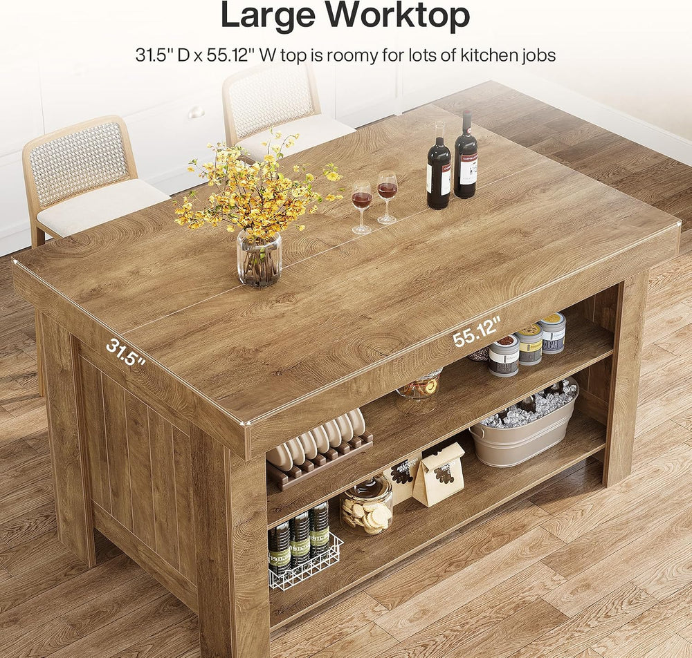 Tribesigns 55" Kitchen Island with Storage & Seating (Natural Brown ...