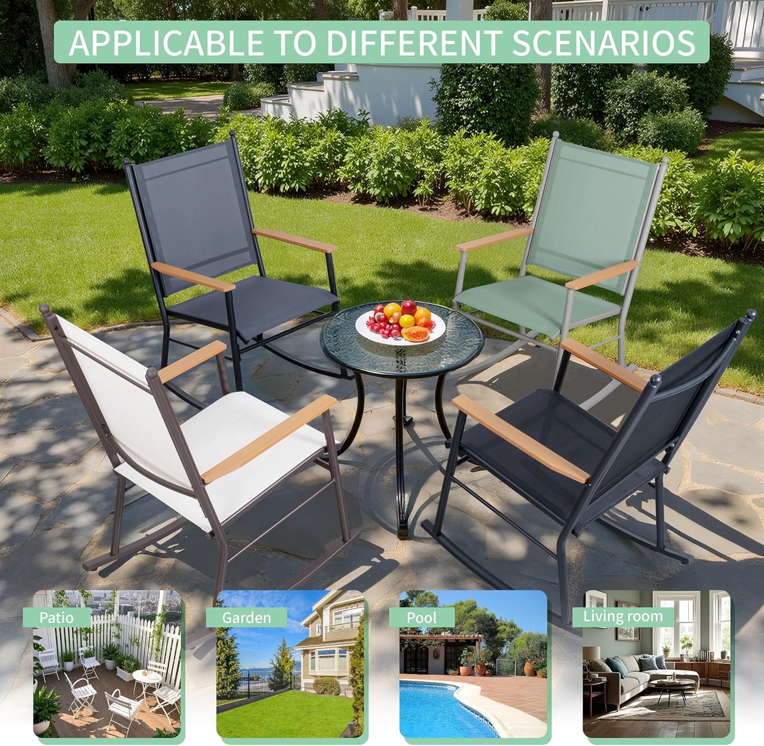 JY QAQA Outdoor Rocking Chair Set of 2, High Back All-Weather Patio Rocking Chairs with Breathable Back Rest for Adult, Ergonomic Design Porch Rocking Chairs for Porch, Garden, Balcony, Pool, Black