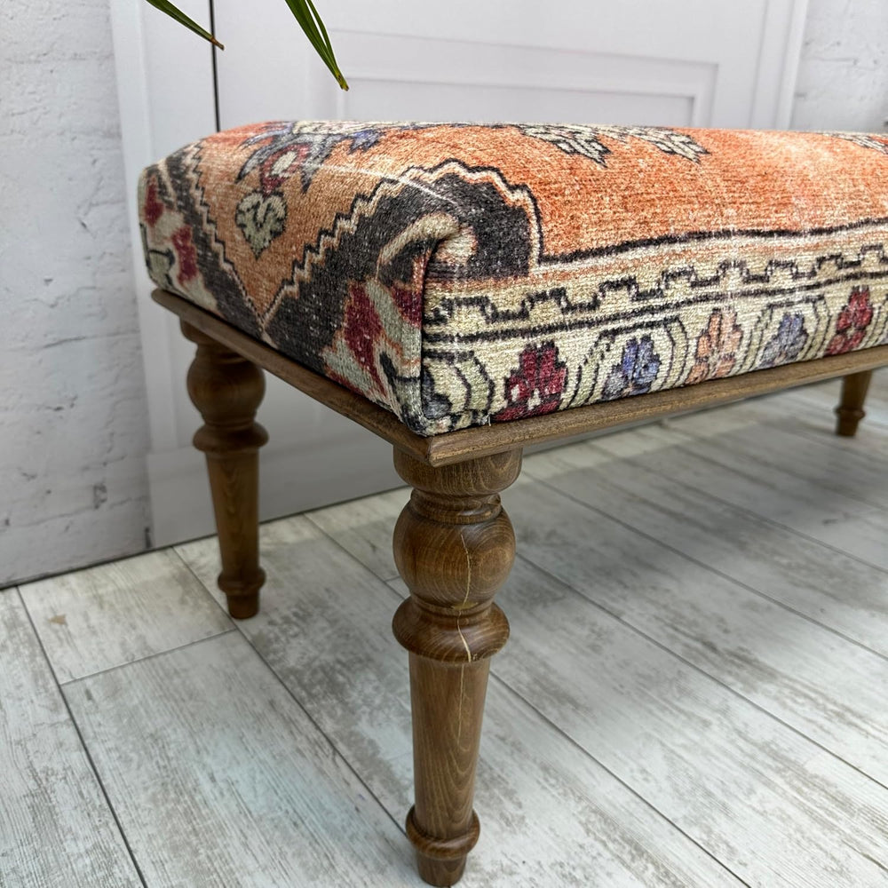 Ottoman Bench with Rug Upholstered Handmade Wood Work for Boho Farmhouse Kitc...