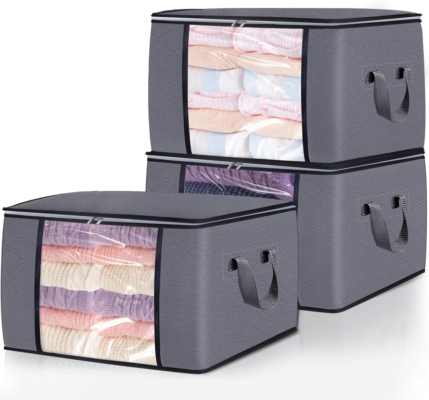 3 Pack Clothes Storage Bags, 90L Large Blanket Storage Bag Comforter Storage Bin with Reinforced Handle and Lid Foldable Closet Organizer and Storage Containers for Bedding Pillows Sheets and Duvet