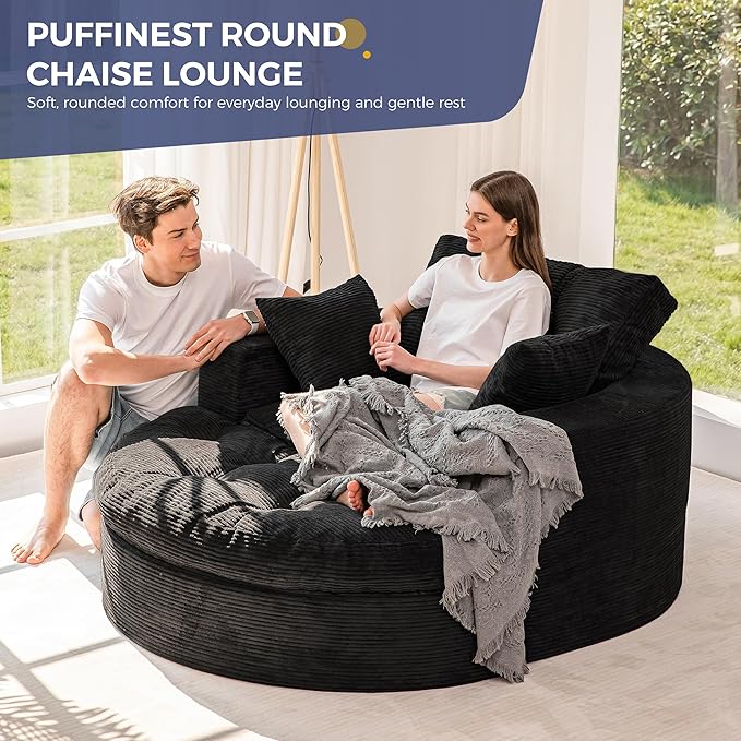 MAXYOYO Modular Sectional Chaise Lounge Sofa, 2 Sets Upholstered Lounge Chair with Ottoman, Comfy Round+ Square Couch with Layered Cushion, Tufted Sleeper Chair for Living Room, No Assembly, Black