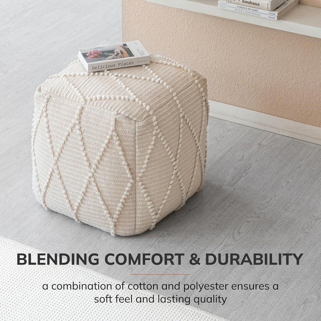 Anji Mountain Pouf Ottoman Foot Rest, Handmade Ottoman Pouf, Comfortable Foot Stool, Decorative Floor Seating for Living Room Decor, Bedroom & Home Décor Accent - Ivory
