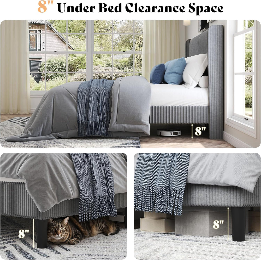 King Bed Frame, Upholstered Platform Bed with Corduroy Headboard, Grey