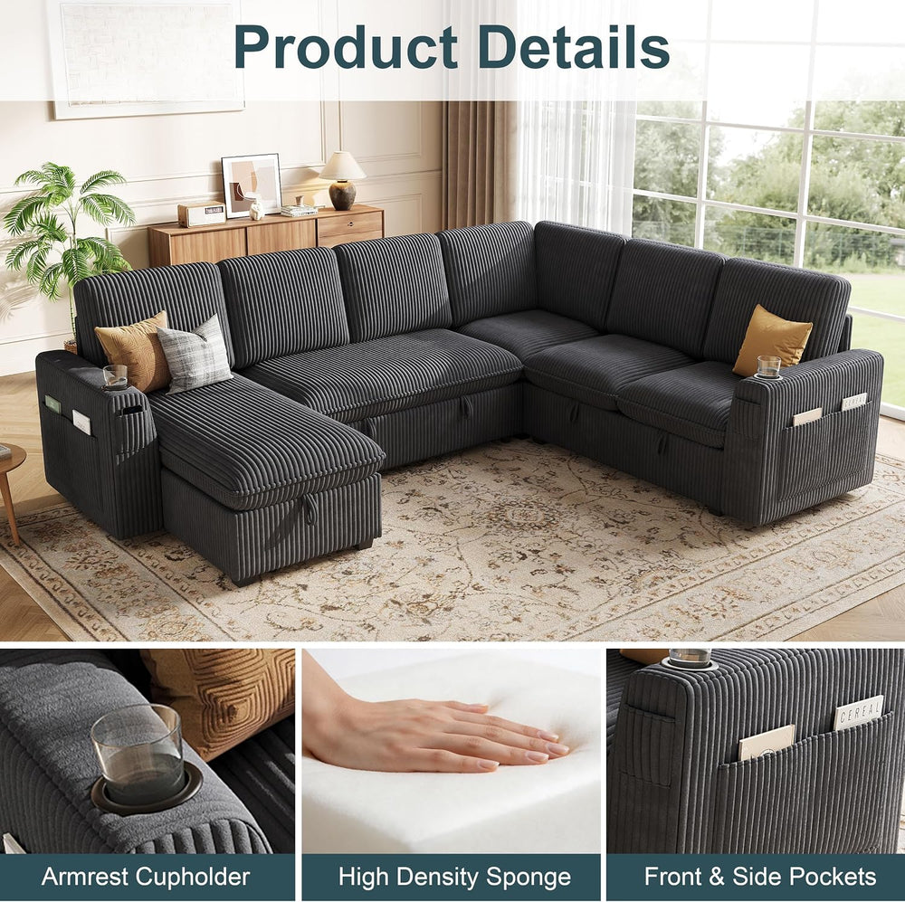 Sectional Sleeper Sofa with Pull Out Bed, Plush Corduroy 7 Seat Modular Secti...