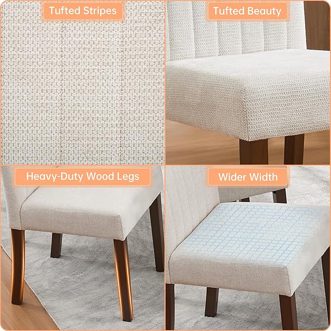 Upholstered Dining Chairs Set of 2, Button Tufted Parsons Chairs with Wood Legs and Padded Seat, Modern Fabric Side Chairs for Dining Room Kitchen Farmhouse Hotel, Beige