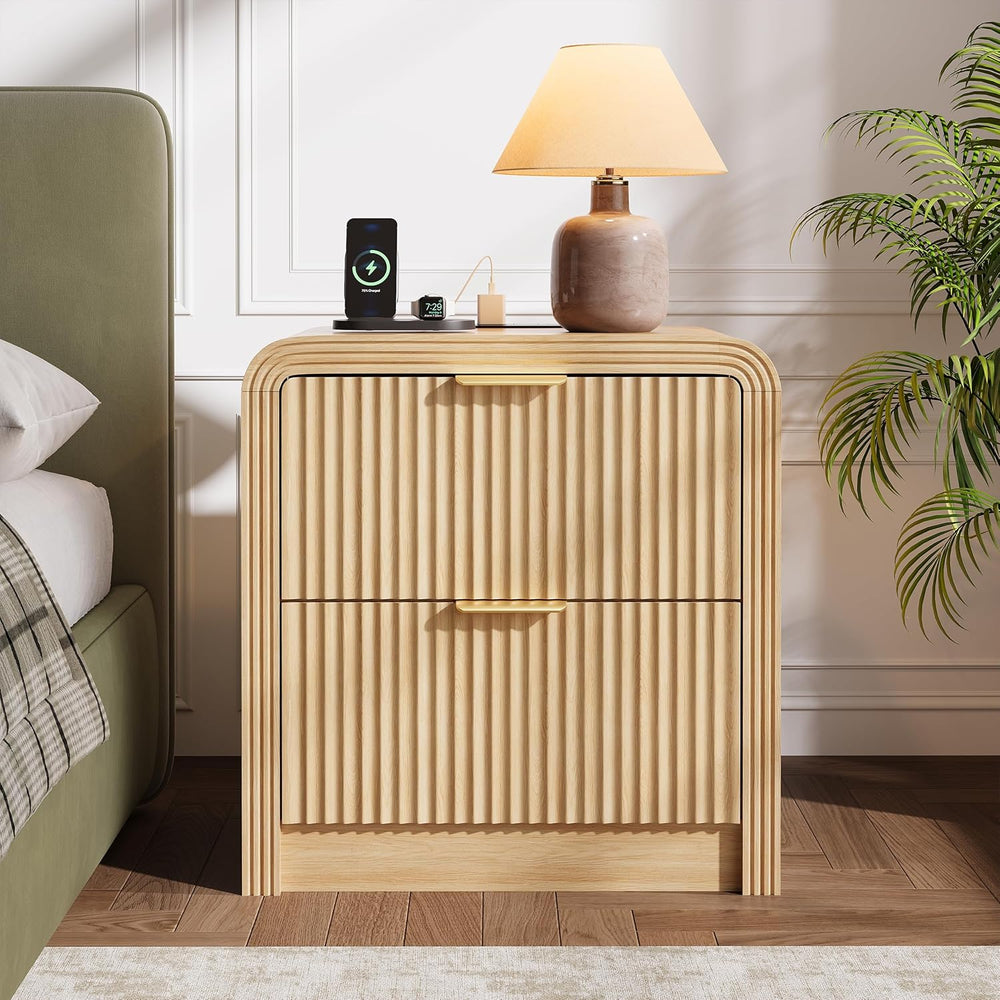 Decofy 23'' Wide Fluted Nightstand Set of 2 with Charging Station, Oa...