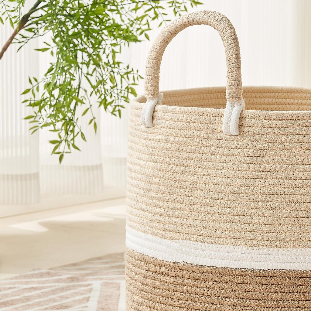 KAKAMAY Large Blanket Basket (18"x18"x16"),Woven Baby Laundry Hamper for Storage, Cotton Rope Blankets Baskets for Nursery, Laundry, Living Room, Pillows, Baby Toy chest with Handles (Light Brown)