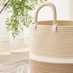 KAKAMAY Large Blanket Basket (18"x18"x16"),Woven Baby Laundry Hamper for Storage, Cotton Rope Blankets Baskets for Nursery, Laundry, Living Room, Pillows, Baby Toy chest with Handles (Light Brown)