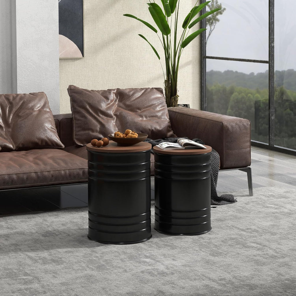 HOMCOM Nesting End Table Set of 2, Round Storage Ottoman Stool with Removable Wood Lid, Metal Frame & Hidden Space, Farmhouse Side Table for Living Room, Black