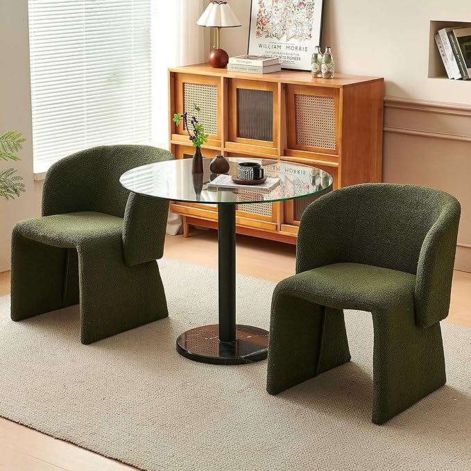 NORDICANA Barrel Dining Room Chairs with Arms, Faux Fur Accent Chairs Set of 2, for Kitchen, Living Room, Upholstered Armchairs, Green