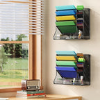 File Organizer Wall Mounted, 4 Tiers Durable Adjustable Metal Desk Organizer, Desktop Hanging File Holder with 4 Pen Slots Stable, 4 Pull-Out Divider for File, Mail, Black, Patent Pending
