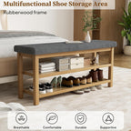 2 Tier Shoe Rack Bench with Cushion, Rubberwood Shoe Benches, Mid-Century Modern Shoe Storage Bench for Entryway, Hallway, Living Room, Closet, Front Door Entrance, Dark Grey