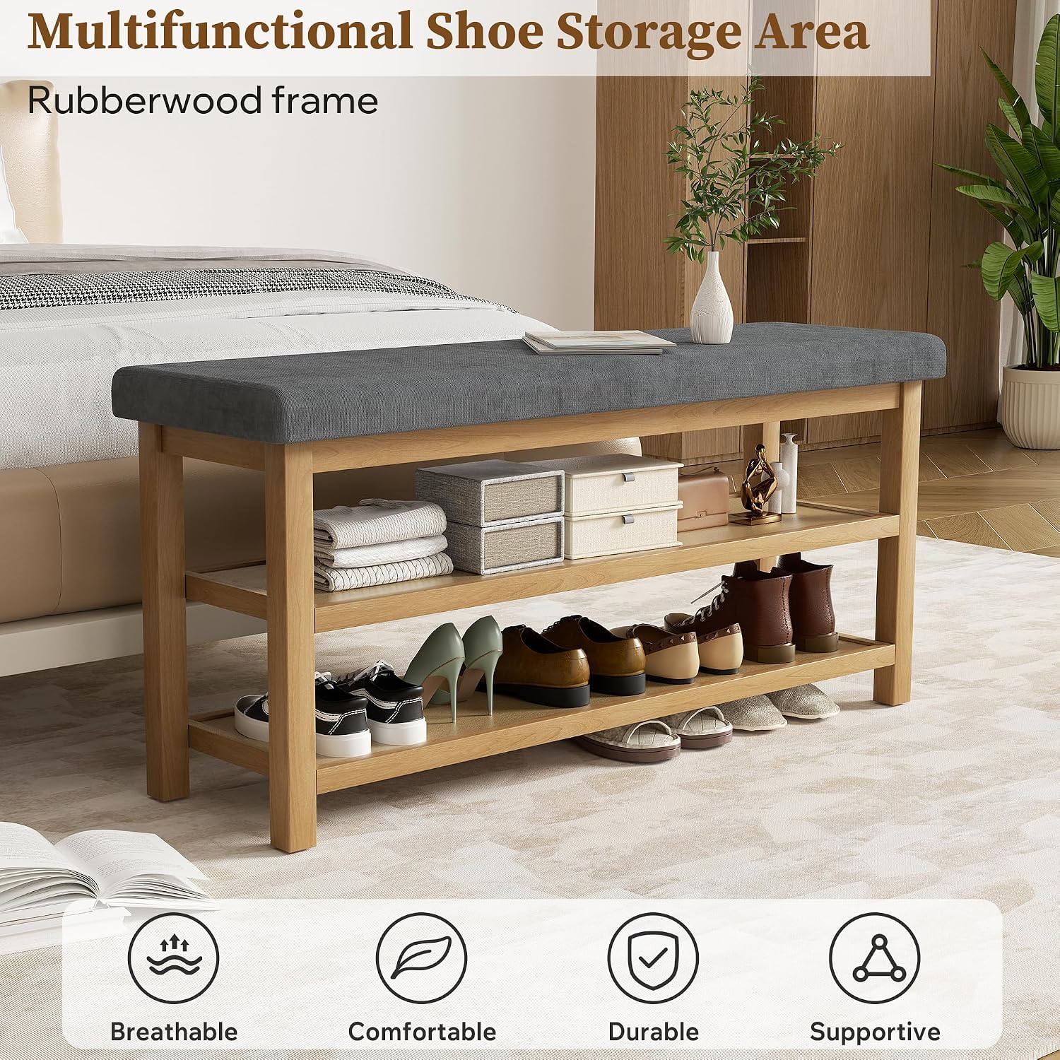 2 Tier Shoe Rack Bench with Cushion, Rubberwood Shoe Benches, Mid-Century Modern Shoe Storage Bench for Entryway, Hallway, Living Room, Closet, Front Door Entrance, Dark Grey