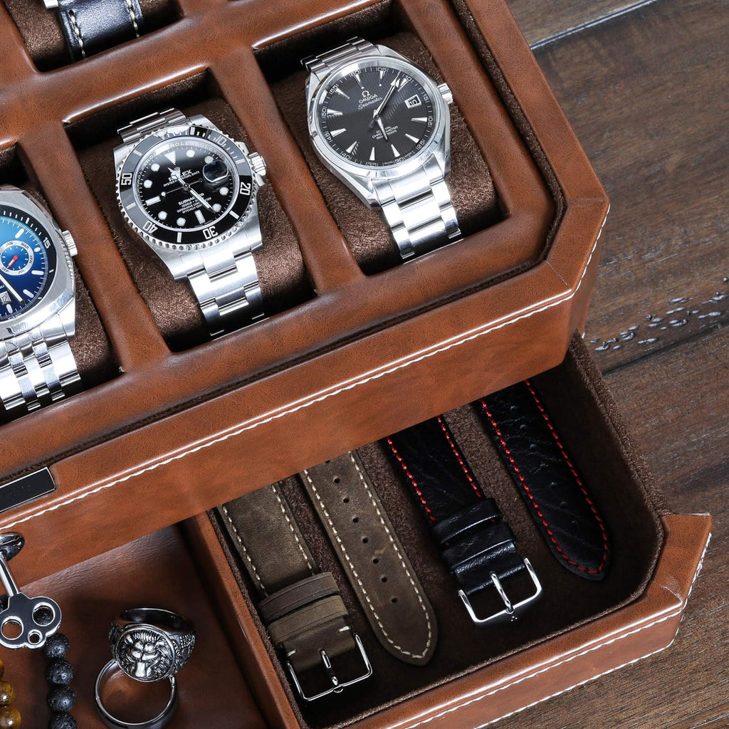 ROTHWELL 12 Slot Leather Watch Box with Valet Drawer - 12 Slot Luxury Watch Case Display Organizer, Microsuede Liner, Mens Accessories Holder, Jewelry Case, Jewelry Display Organizer (Tan/Brown)