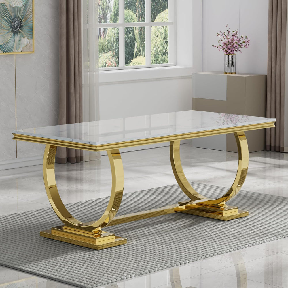 7 Piece Dining Table Set, White Faux Marble Dining Table with 6 Beige Velvet ...