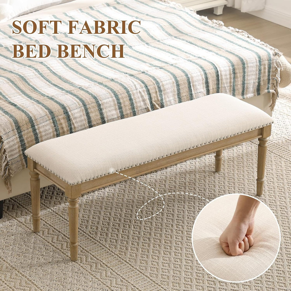 46'' French Country Entryway Bench Wooden Linen Fabric Upholstered Se...