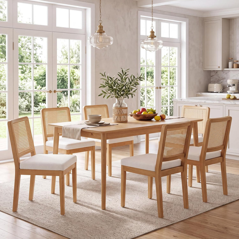 HNY Modern Farmhouse Rattan Dining Chairs Set of 4 Beige Chenille Upholstered...
