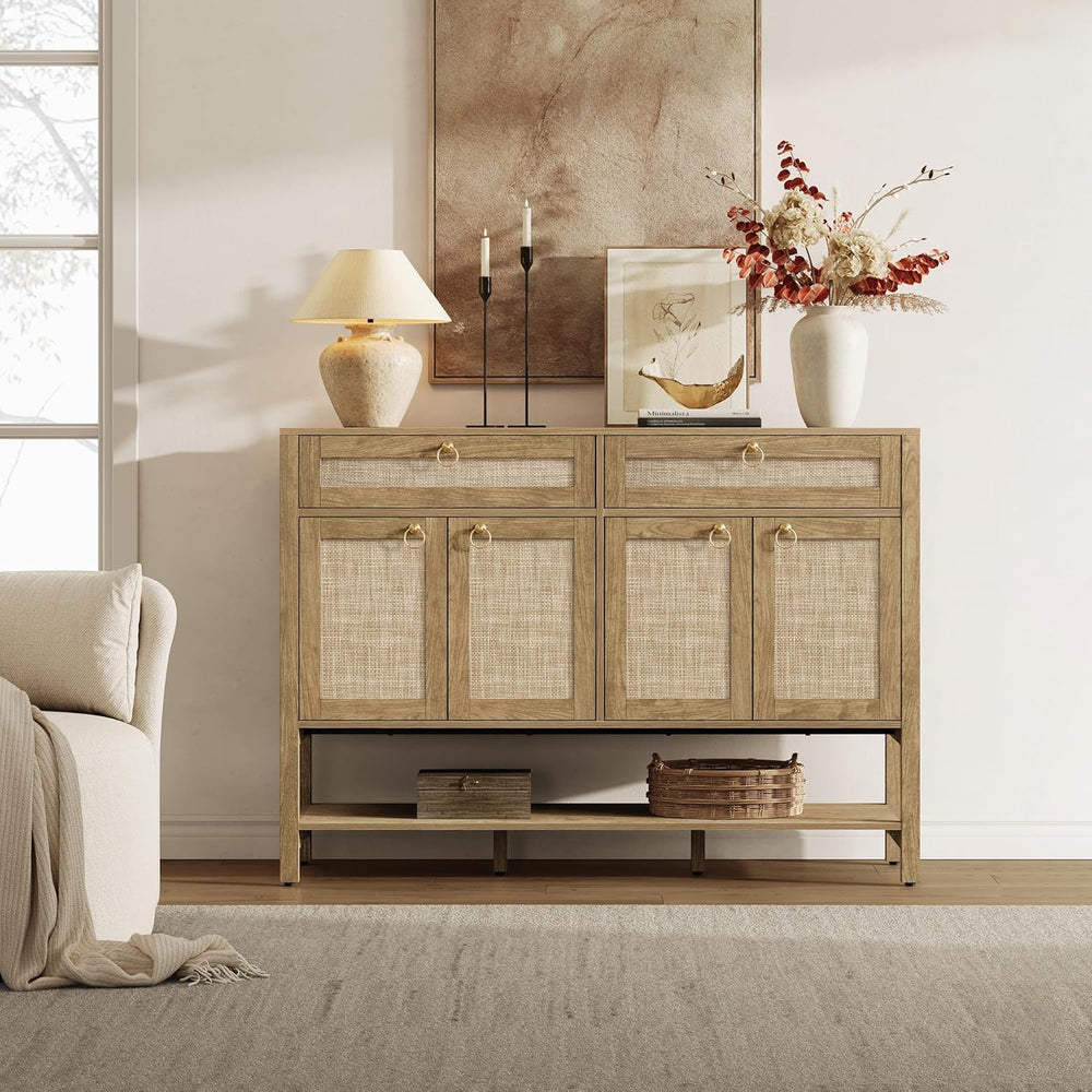 SICOTAS Rattan Sideboard Buffet Cabinet with Open Storage - Large Farmhouse C...