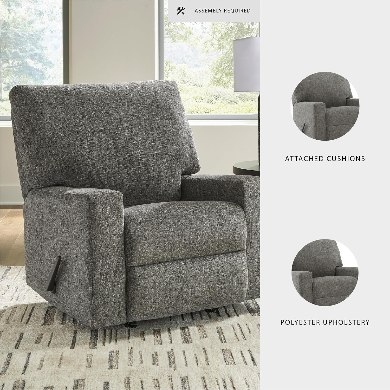 Signature Design by Ashley Revenna Manual Rocker Recliner, Greystone | 100% polyester menswear chenille fabric, Track arm style, Living room and lounge spaces