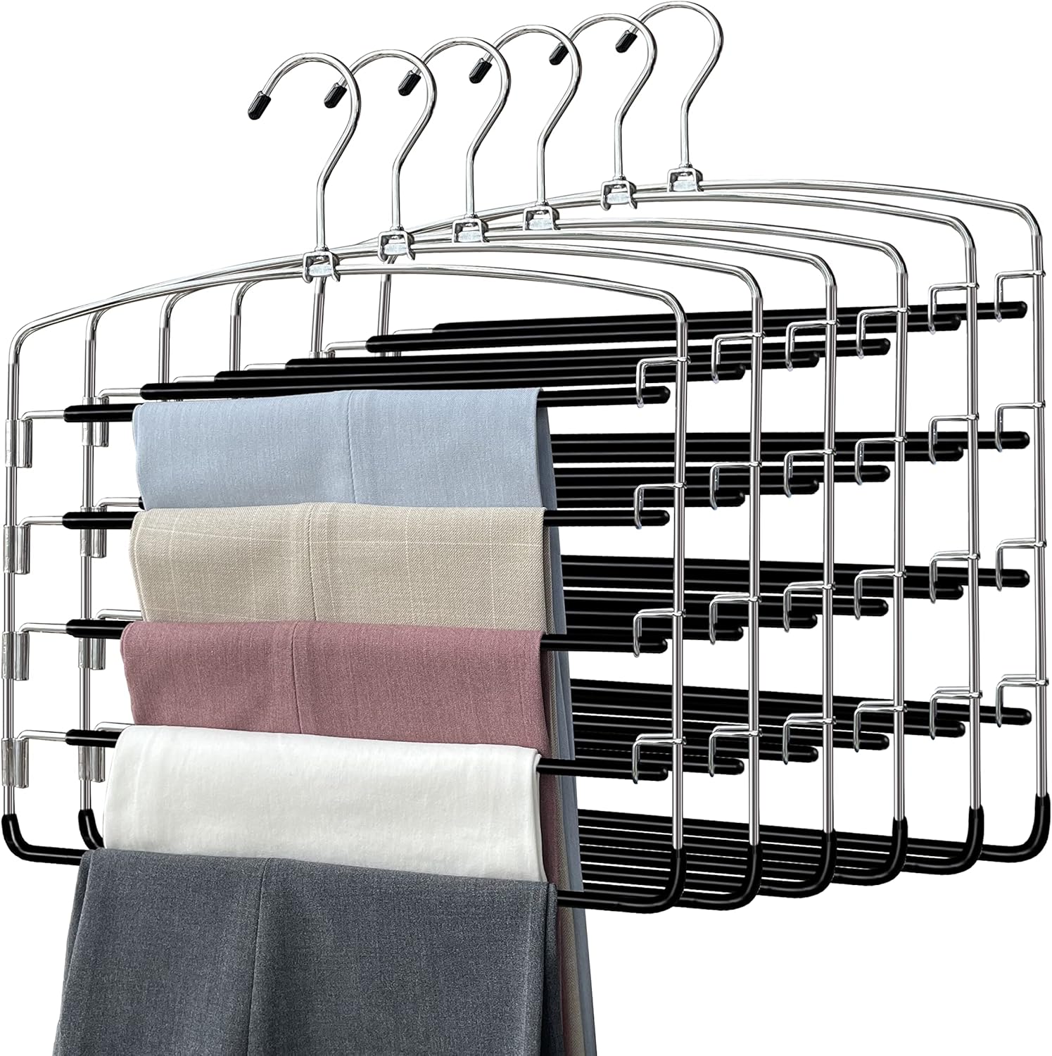 Pants Hangers 6 Pieces,5 Tier Closet Organizers and Storage Clothes Hangers,Hangers Space Saving with Swing Arm,Multiple Metal Hanger Clothes Organization for Pants Trousers Jeans Leggings Slacks