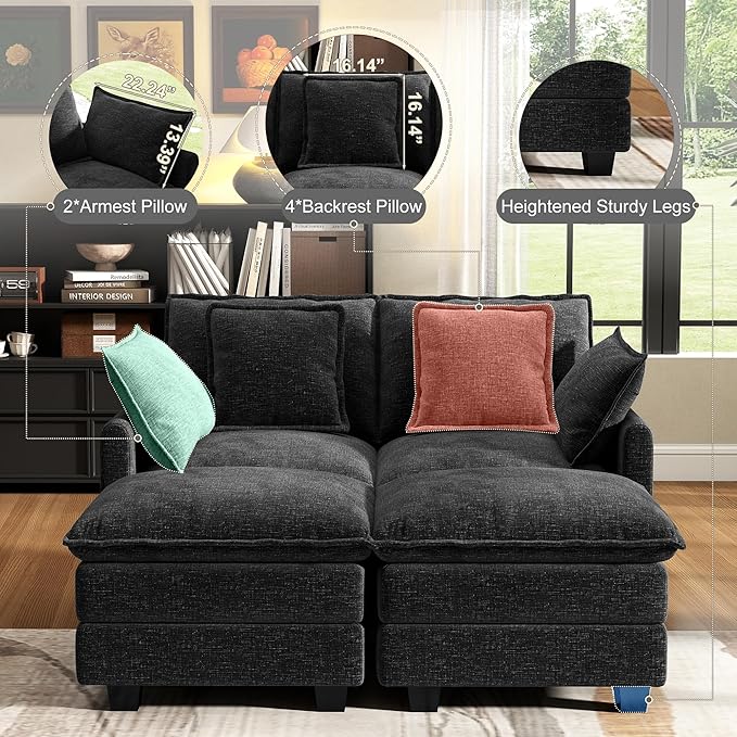 58" Cloud Couch Loveseat, Deep Seat Modular Sectional Sofa with 4 Removable Washable Pillows and 2 Ottoman for Living Room, Bedroom, Apartment, Black
