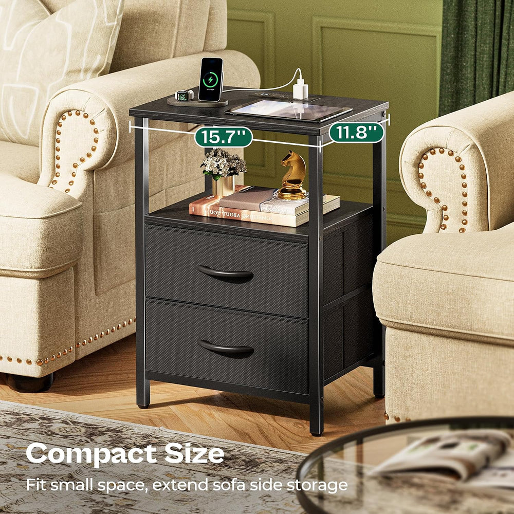 Huuger Night Stand with Charger Station and LED Lights, 2 Drawer Nightstand, ...
