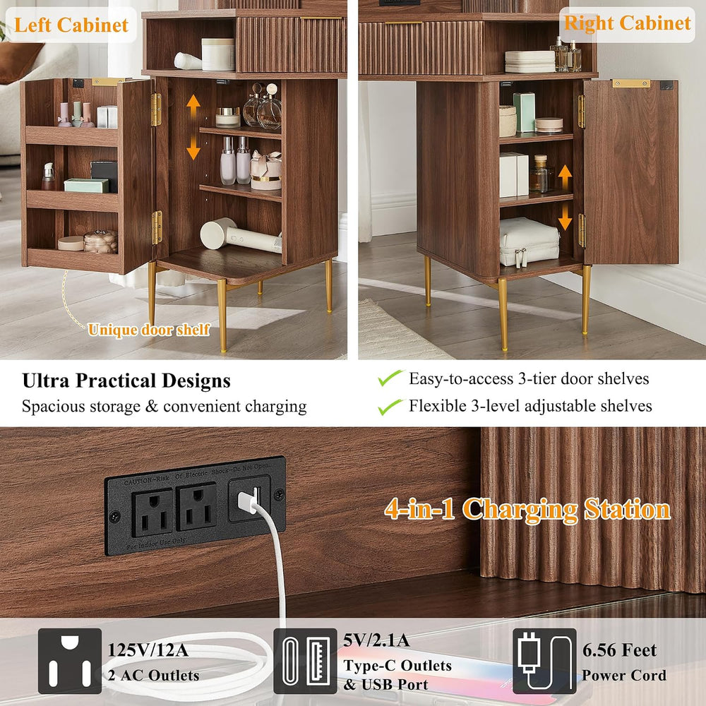 T4TREAM 48" Corner Makeup Vanity with Lighted Triple Mirror, Light Walnu...