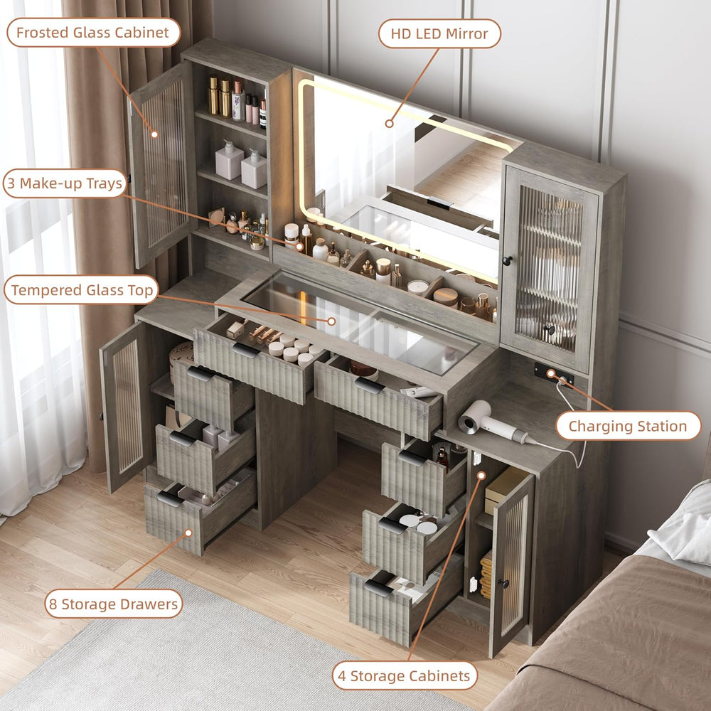 Fluted Vanity Desk with Mirror & Lights | 8 Drawers & 4 Cabinets, Tem...