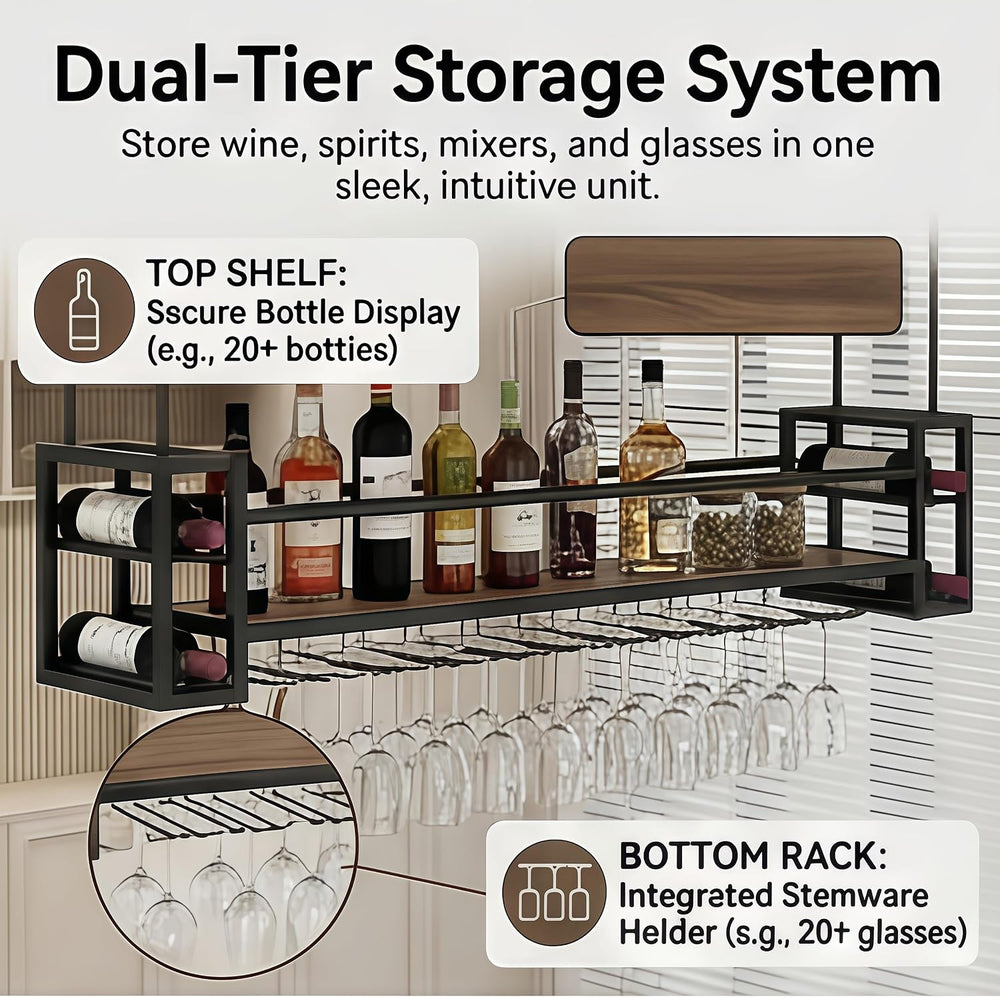 Wall &Ceiling Mounted Wine Rack (Black, 151CM/59.4IN) | Industrial Hangin...