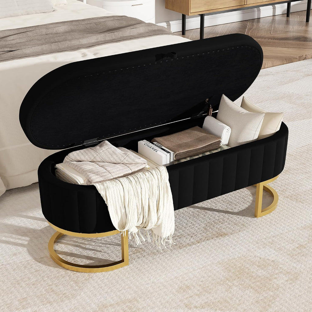 Storage Ottoman Bench, 45" Velvet End of Bed Bench Bedroom Bench with Golden Metal Legs, Upholstered Storage Bench for Bedroom Living Room Entryway and Window, Black