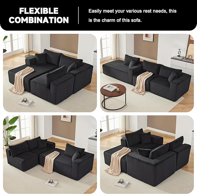 97" Modular Sectional Sofa, L-Shaped Boneless Couch with Deep Seat, Cozy Cloud Couch Sectional with Convertible Ottoman, Modern Sectional Couches for Living Room（ Black）