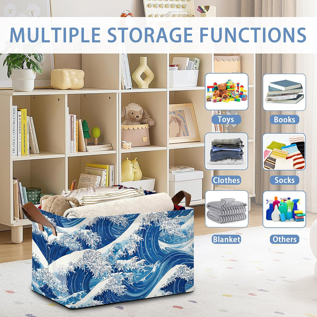Ocean Wave Storage Baskets,Japanese Foldable Organizer Bin with Handles for Home Living Room Bedroom Closet Box 17x11.5x10Inch