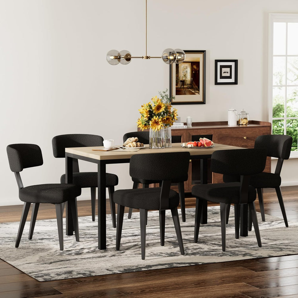 Boucle Chairs Set of 6, Modern Black Upholstered Dining Chairs with Black Met...