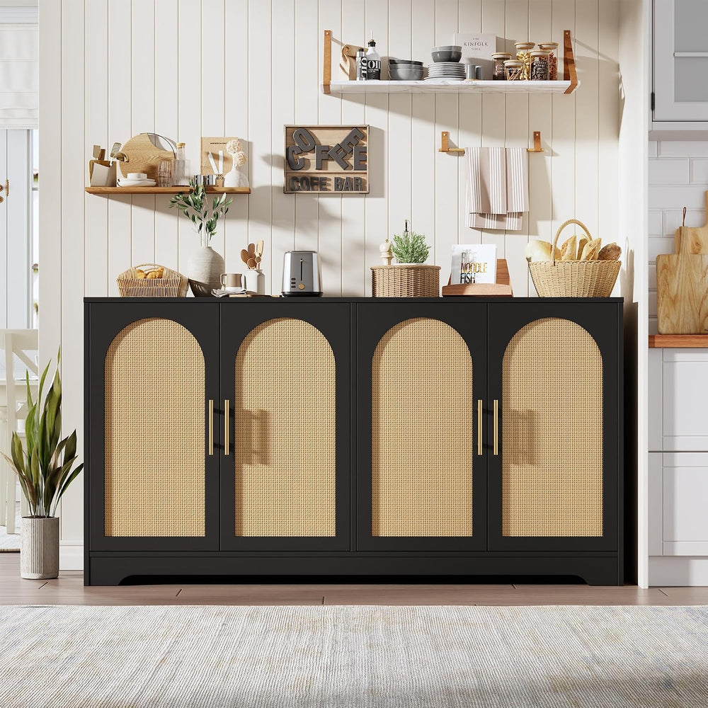 IDEALHOUSE 59" W Sideboard Buffet Cabinet- with 4 Rattan Doors, Large St...