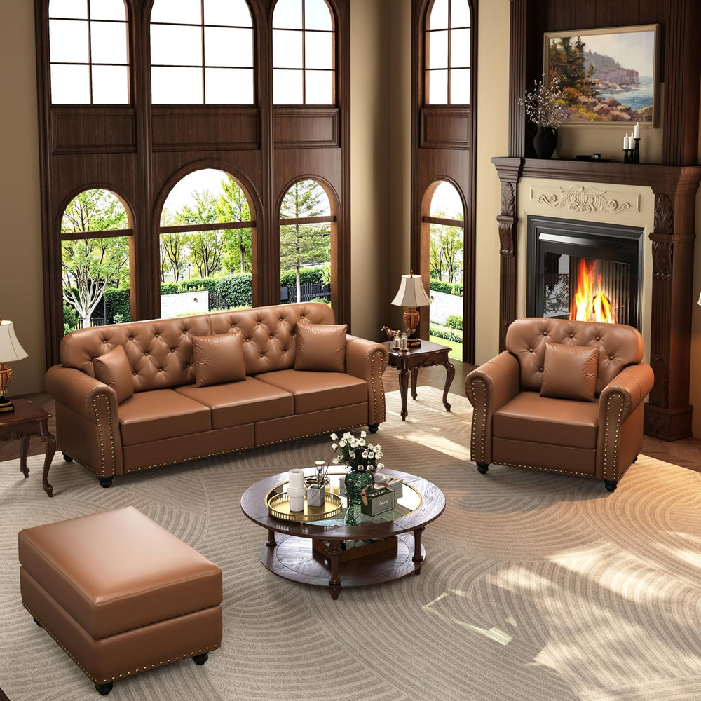 KEIKI 2-Piece Chesterfield Sofa Set with 1 Faux Leather 3-Seater Sofa & 1...