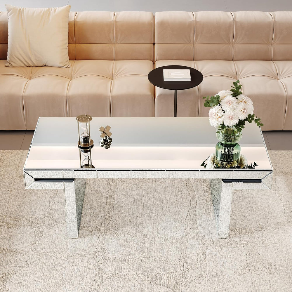 47 Inches Luxury Rectangular Mirror Coffee Table with Tempered Glass, Sofa Si...